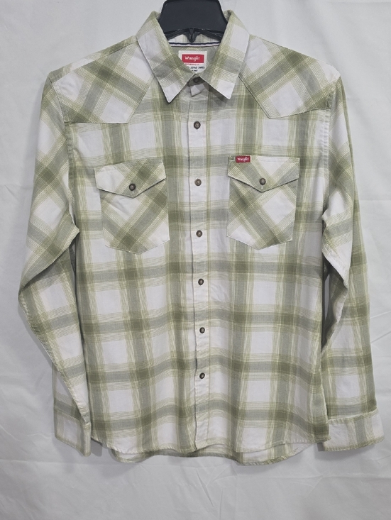 Wrangler Other - Wrangler Men's Lg Green White Plaid Button Down Shirt Chest Pockets Logo